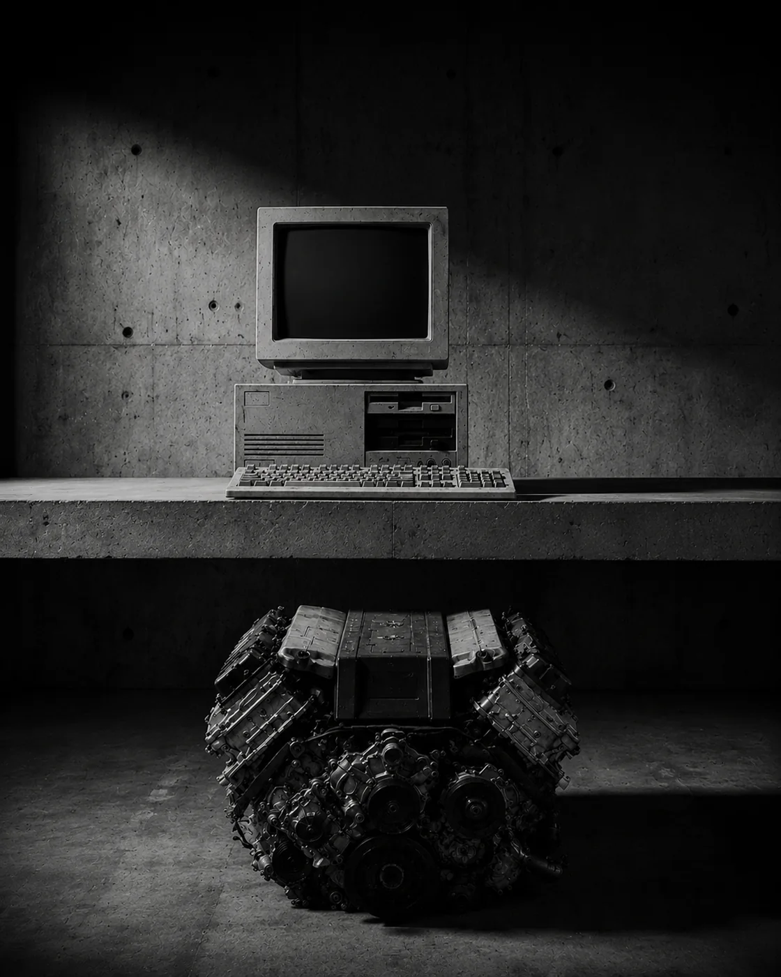 Monochrome still life of a vintage computer and engine