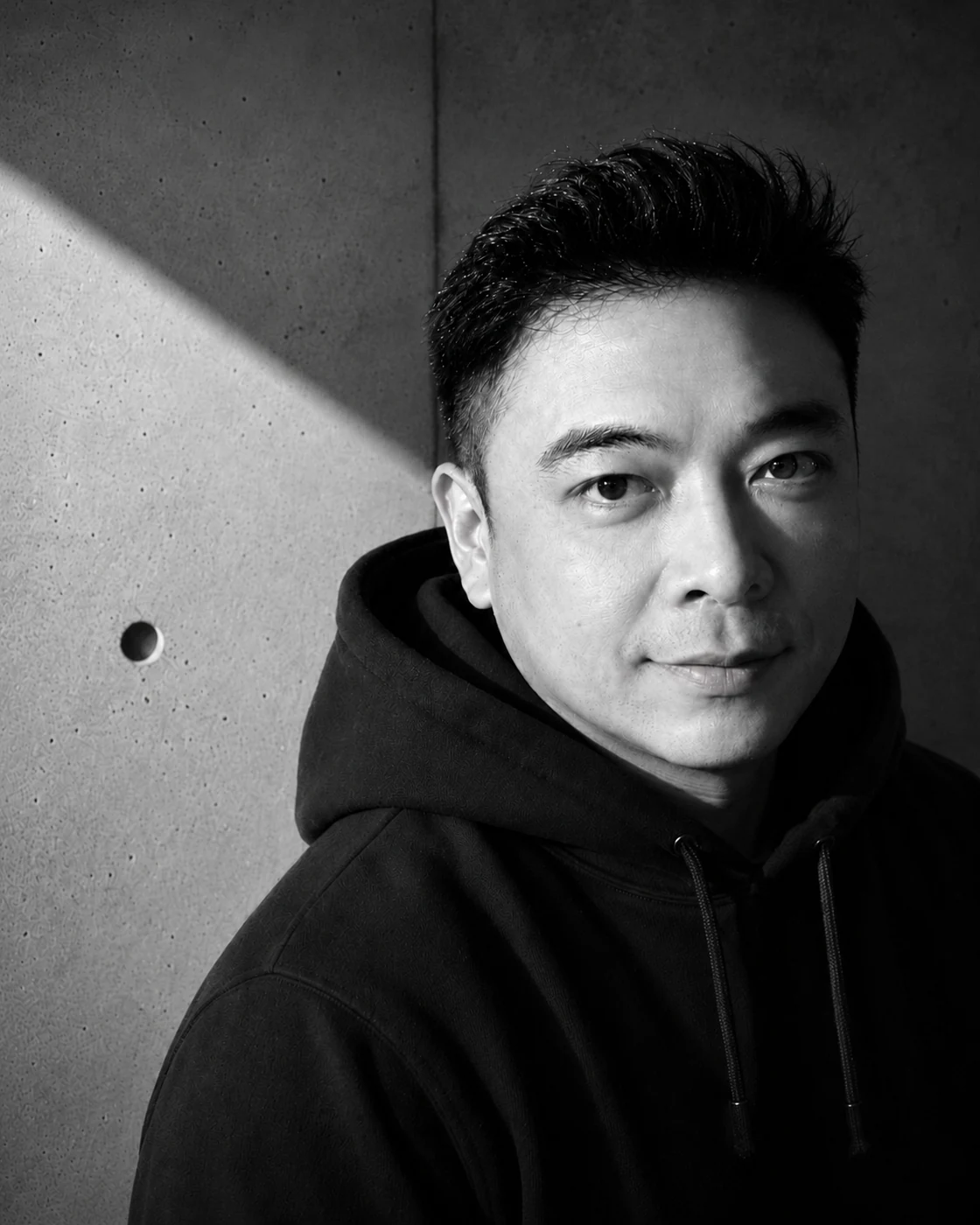 Black-and-white portrait of KJ Lee in a concrete studio setting