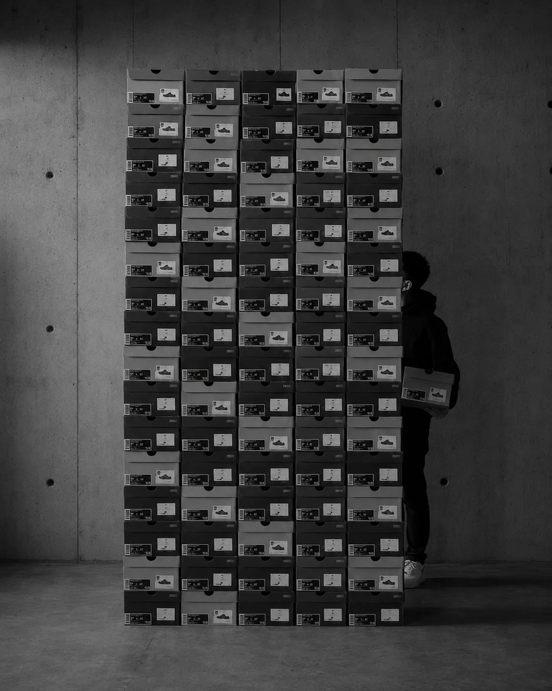 Monochrome stack of shoeboxes in a concrete space